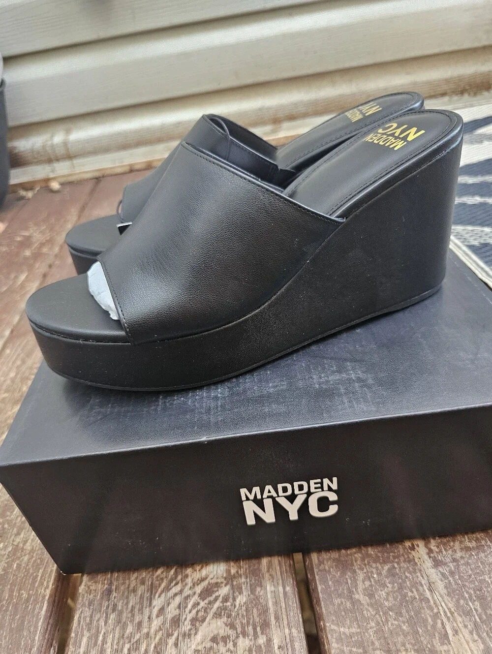 Madden NYC Boho Platform Wedge Slide Sandals‎ Black Faux Leather Y2K 2000s Style